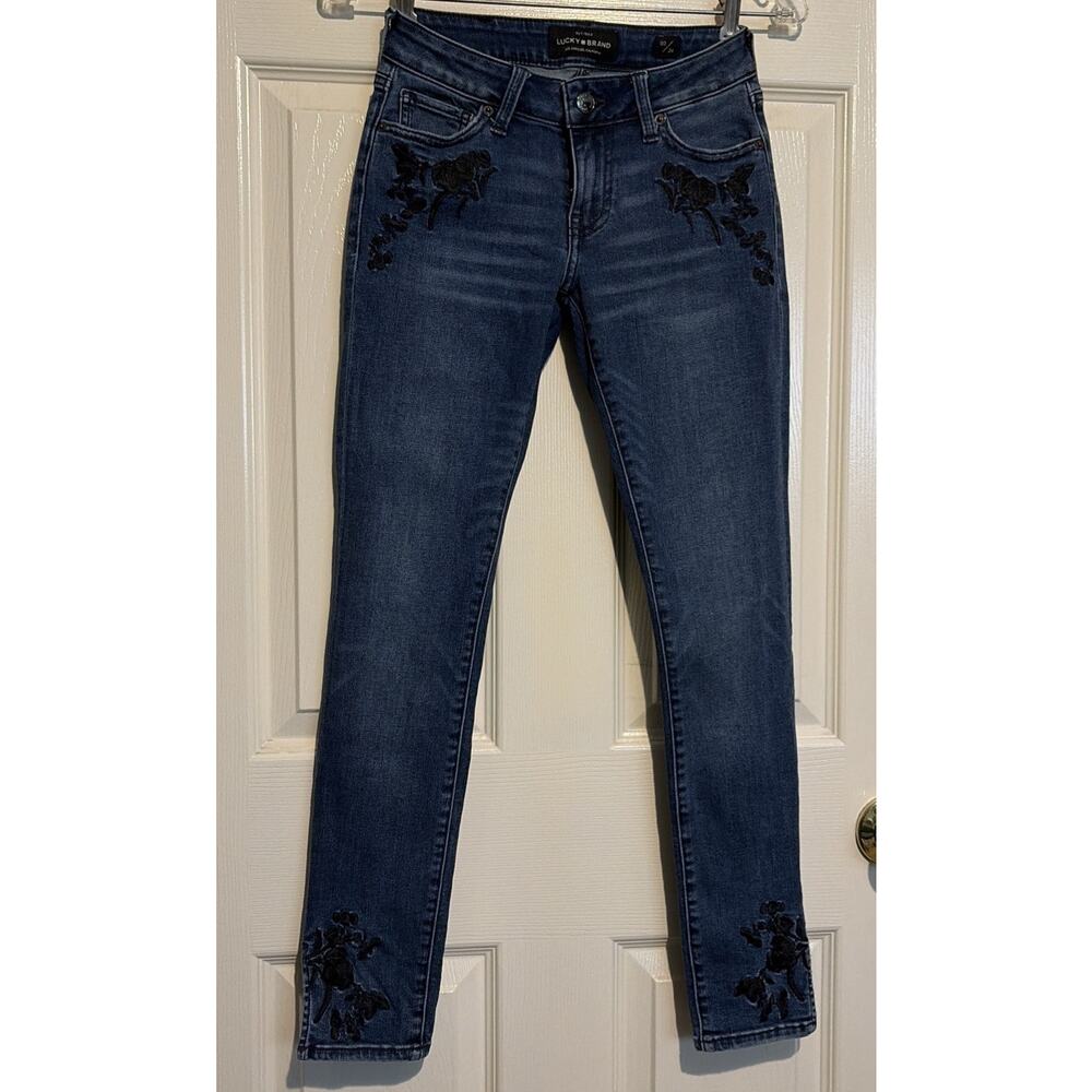 Lucky Brand Jeans Lolita Skinny Women's 00/24 Mid Rise Flower Detail 27in Inseam